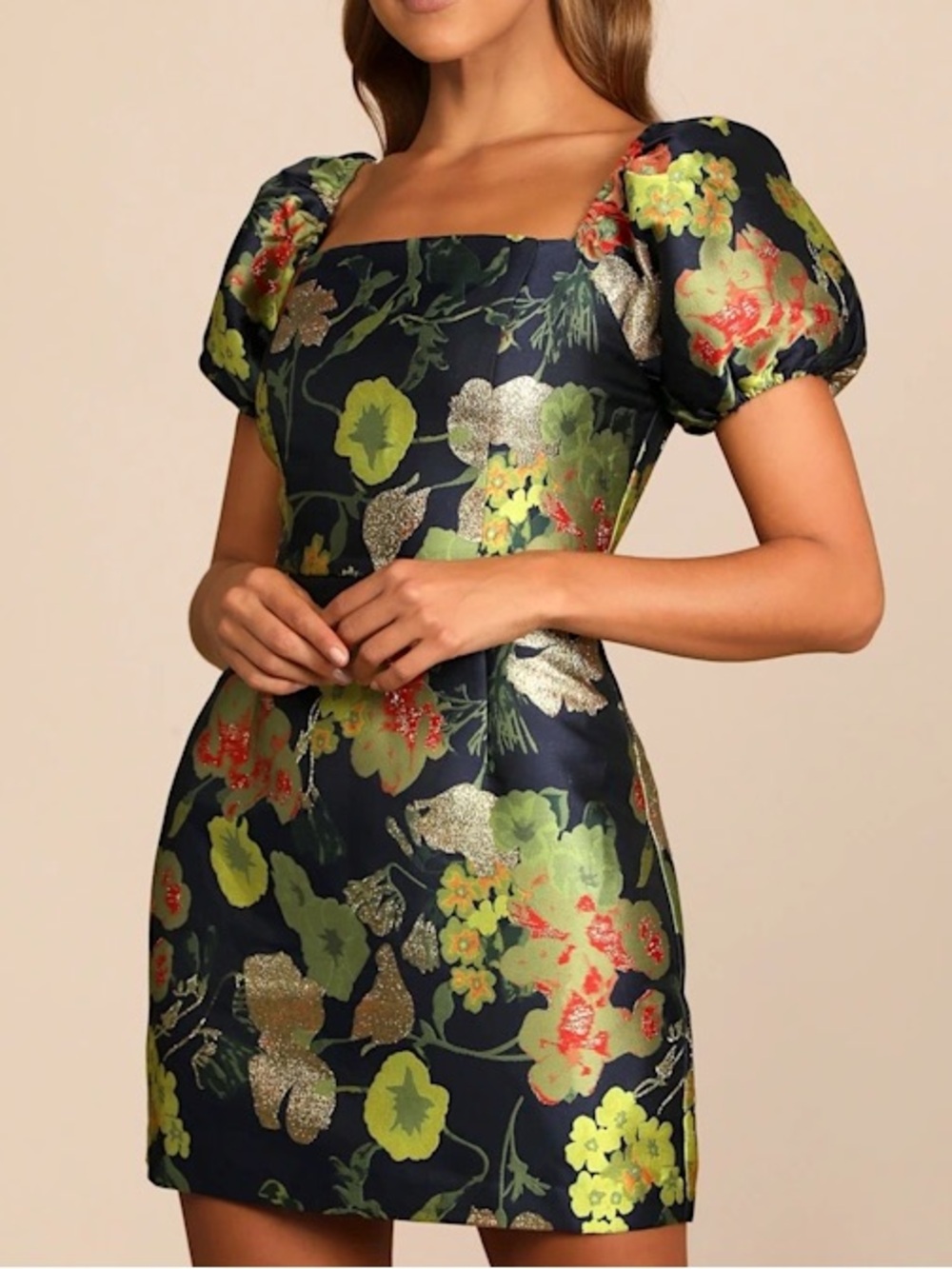 So Stunning Navy Blue Floral Jacquard Puff Sleeve Mini Dress